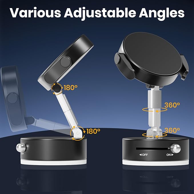 Upgraded 360° Adjustable Vacuum Magnetic Phone Holder, Vacuum Suction Magnetic Phone Mount with Clamp Foldable Phone Holder for Car/Gym/Mirror/Smooth Surface, Suitable with All Smartphones (Black)