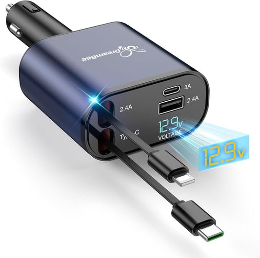 DreamBee Retractable Car Charger,66W 4 in 1 Super Fast Charge Car Phone Charger,Gifts for Men Women Car Truck Accessories for iPhone 17/16/15/14/13/12 Pro Max XR,iPad,Samsung,Pixel-Blue