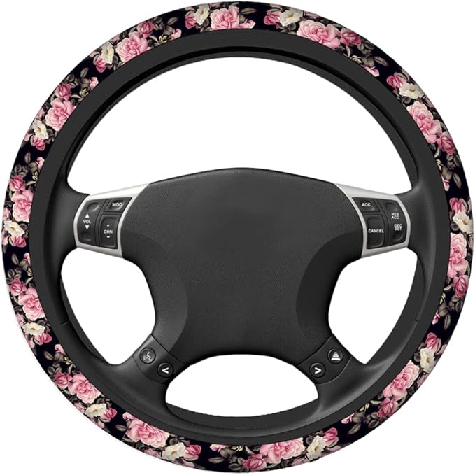 Swono Roses Car Steering Wheel Cover,Watercolor Floral Rose Peony Safe Driving Anti-Slip Steering Wheel Covers Steering Wheel Protection Case No Smell Universal 15 Inch