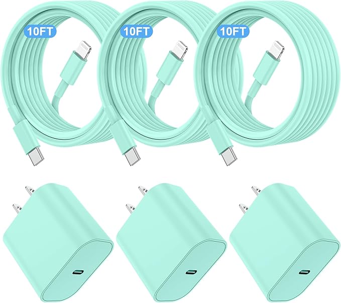 i Phone Charger Fast Charging 10 FT, 3-Pack 20W PD USB C Charger Block with i Phone 14 13 Charger Cable 10 Foot, Compatible with iPhone 14 Pro 13Pro Max 12 11Pro Mini -LightGreen