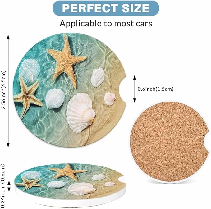 Starfish and Seashel Car Coasters for Cup Holders Car Cup Holder Coasters 2 Pack for Car, Anti Slip Ceramic Car Cup Mat with Finger Notch Cute Car Interior Accessories for Women Men