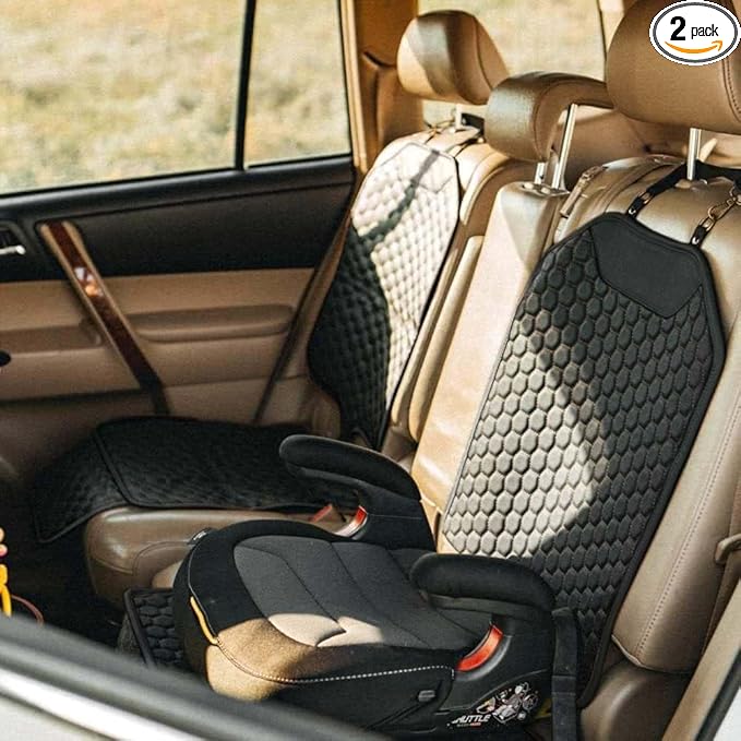 Owleys Premium Leather Car Seat Protector 2 Pack for Child Cover from Dirt - Infant Protector for Back/Front Booster Protector Under Baby Car Seat Waterproof Black