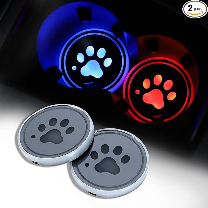 ACODABLEM 2 Pack LED Cup Holder Lights, Dog Paw Car Coaster with 7 Colors Changing USB Charging Mat, Luminescent Cup Pad Interior Atmosphere Lamp Decoration Light (Multi)