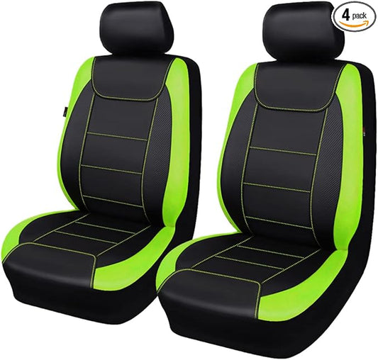 Flying Banner car seat Covers Protects Water Proof Faux Leather Carbon Fiber Fronts Fluorescence Green Black (Fluorescence Green Black, Front Pair)