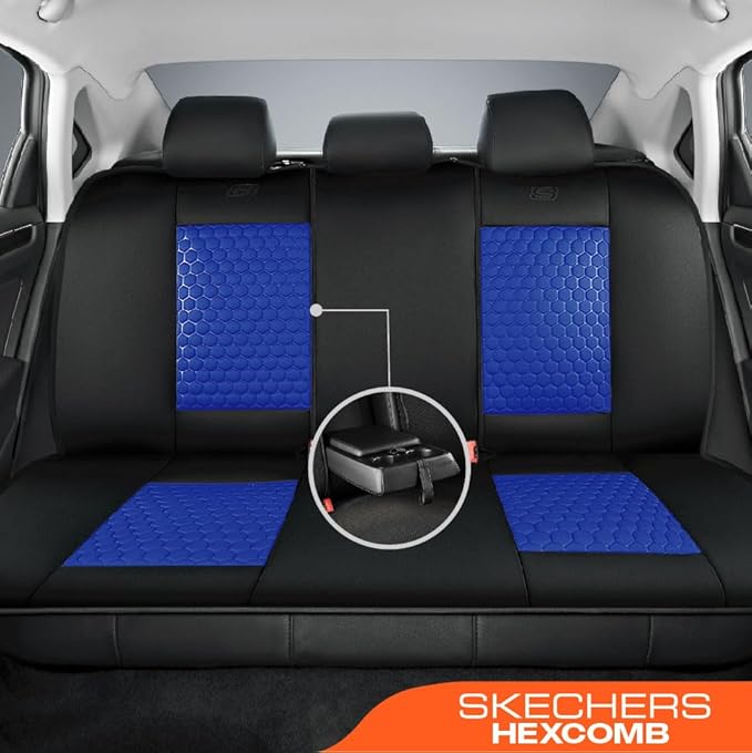 Skechers Memory Foam™ Car Seat Cover Full Sets, Hexcomb Breathable Thick Seat Covers, Airbag Compatible, Automotive Comfort & Protection for Most Cars,Van,Trucks, SUVs (Blue,Full Set)