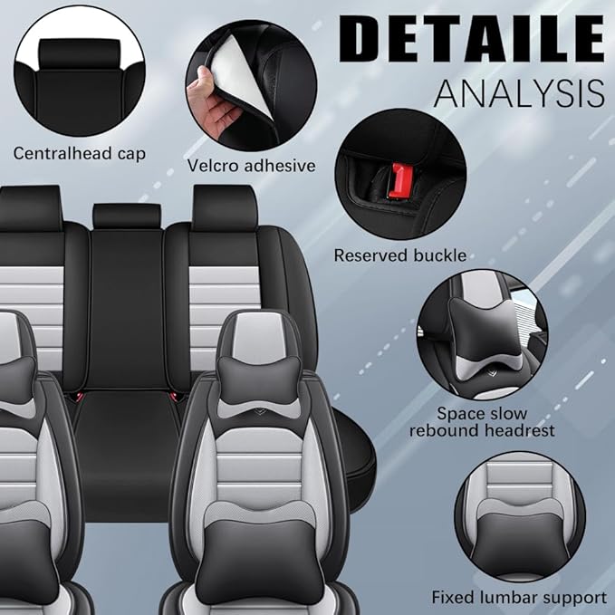 Leather Seat Covers,Waterproof Soft Seat Covers,Interior Accessories Seat Covers Cushion Vehicle Protector Airbag Compatible,Fits 95% of Vehicles(Black&Gray,Full Set with Pillow)