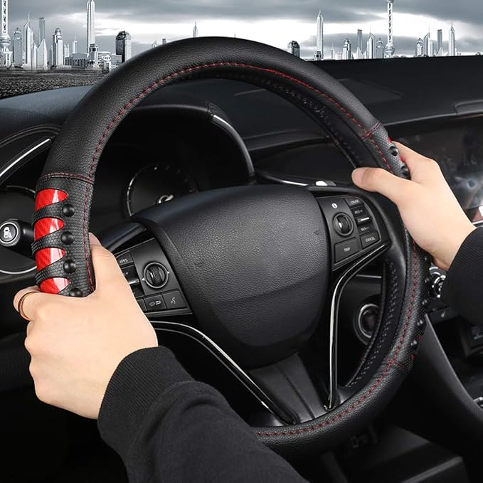 West Llama Microfiber Leather Car Steering Wheel Cover for Men Women,Universal Fit 14.5-15 inch(Leather Nails-Red+Black-Standard Size)