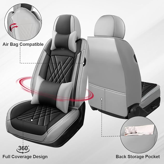 Seat Covers Fit for Toyota Corolla 2015-2026 Leather Car Seat Cover, Stylish Waterproof Breathable Easy to Install Airbag Compatibility Auto Interior Accessories(Front Set with Pillow,Black Gray)