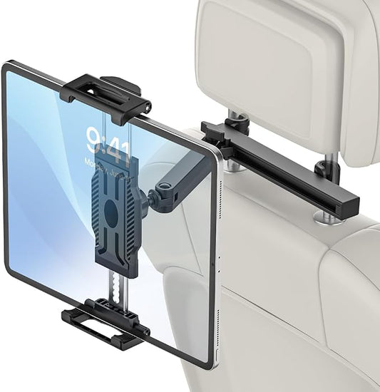 Car Seat Headrest Tablet Holder, [Mobile Folding Arm] Back Seat Tablet Mount for Road Trip, Fit Thickness Case (Deep Max 1.18'') for iPad Pro 12.9/ Air/Mini, Galaxy Tab, All 6.1-15.6" Devices