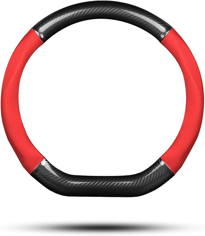 Ergocar Car Steering Wheel Cover Non-Slip Car Steering Wheel Protector Sport D-Shape Carbon Fiber & PU Leather Universal for Diameter 38cm(15") (Black-red)