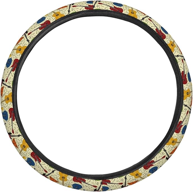 Dujiea Guitar Music Note Elastic Stretch Steering Wheel Cover, Anti-Slip and Durable Car Steering Wheel Accessories for Women Men, 15 Inch Universal Fit Car, Truck, SUV