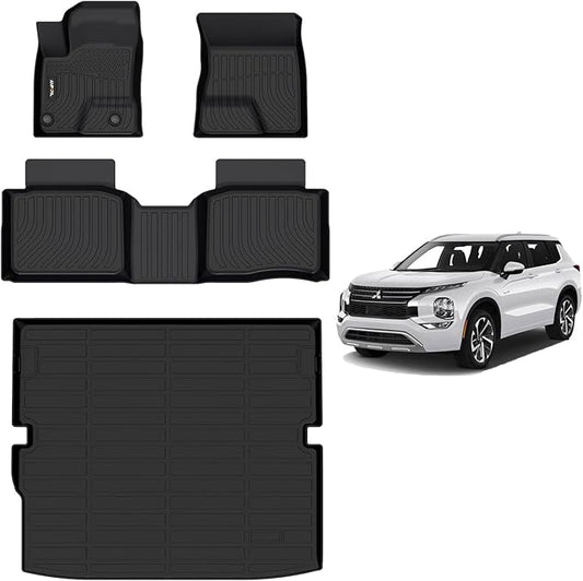 AIPOIL® Floor Mats & Cargo Liner Set for 2023-2024 2025 Mitsubishi Outlander PHEV (Not for Sport Models) 丨TPE All Weather Protection Anti-Slip Automotive Floor Liners丨Full Set Accessories, Black.