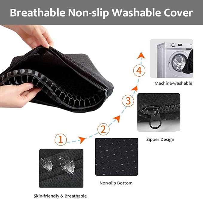 Gel Seat Cushion for Long Sitting Pressure Relief - Wheelchair Cushions for Pressure Sores - Coccyx, Sciatica & Tailbone Pain Relief Cushion - Non-Slip Butt Pillow for Office, Home, Car (Black)