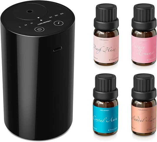 Airversa Waterless Essential Oil Diffuser Starter Kit with 4 x 10mL Fragrance Oil, Battery Operated Mini Scent Air Machine Portable Diffuser for Home Car Office, AN8 Kit2 Black