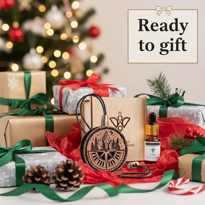 Wood Car Air Freshener — Handmade Car Air Freshener — Compass Mountains Designed Fragrance Oil Diffuser in Wooden Gift Box — Aromatherapy Set with Ocean Breeze Fragrance Oil - 10 ml