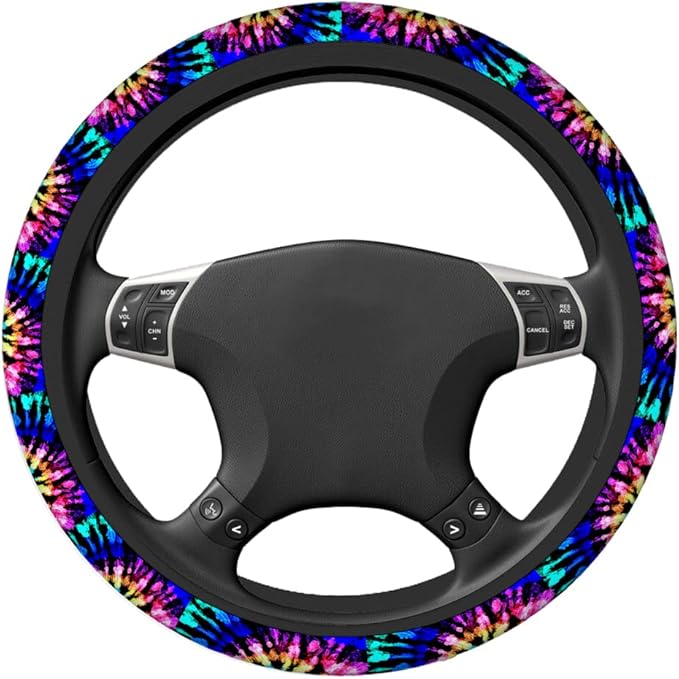 Swono Tie Dye Auto Car Steering Wheel Cover for Women Girls Rainbow Shibori Print 15 Inch Steering Wheel Protector Case,Fits for Automotive Car SUV Sedans