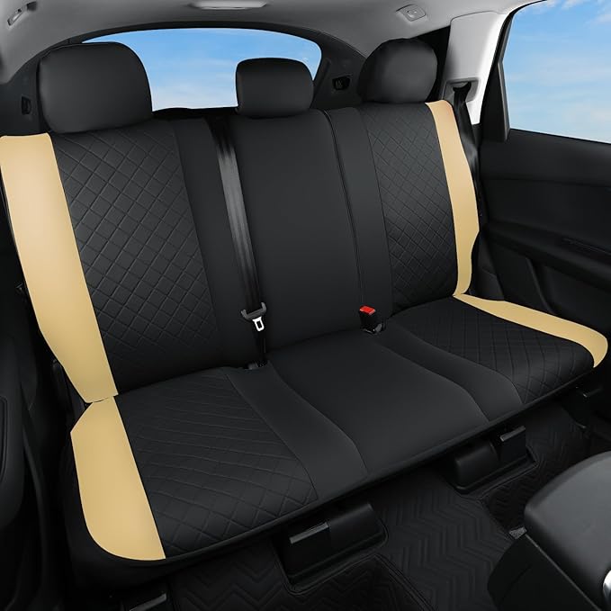 GIANT PANDA Rear Seat Covers for Nissan, Rogue Kicks Frontier Murano, Leather Back Seat Protectors (Beige+Black)