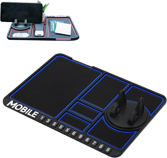Anti-Slip Mat with Mobile Phone Holder, 4 in 1 Mobile Phone Anti Slip Pad, Dashboard Cell Phone Holder, with Temporary Parking Number, Detachable & Washable (Blue)