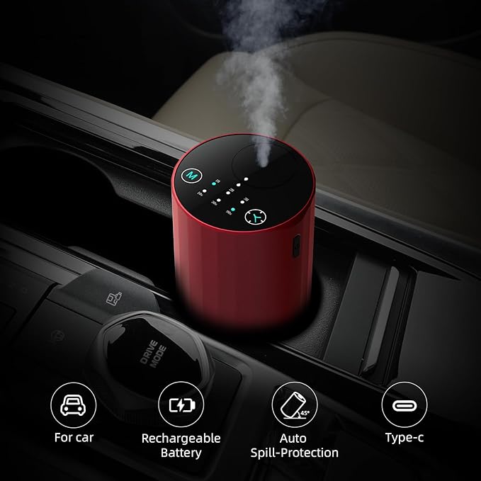 Waterless Essential Oil Diffuser Aromatherapy Scent Diffusers for Home Large Room, Bedroom, Car, Office, Desk, Battery Operated Mini Portable Air Freshener (red)