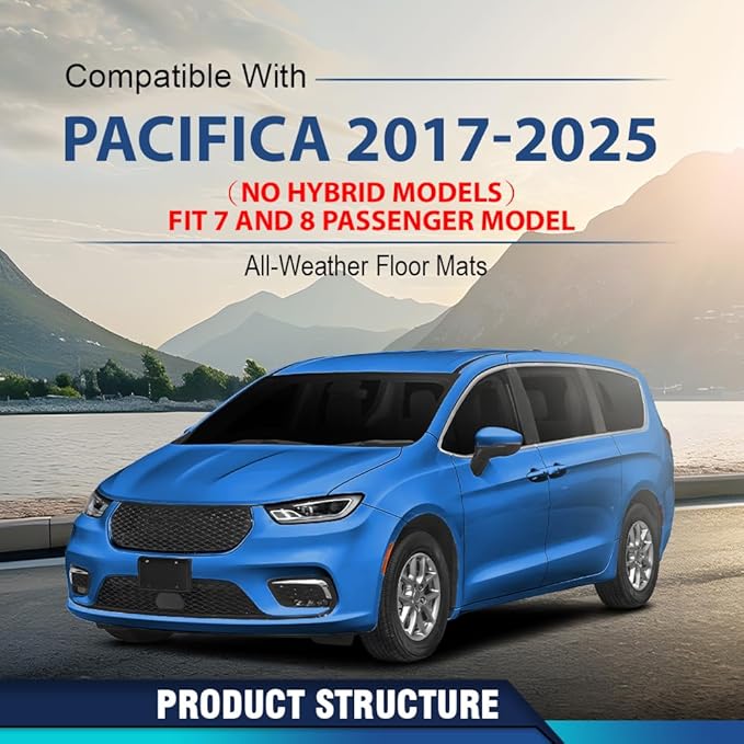 PIT66 Floor Mats Cargo Liners Compatible with Chrysler Pacifica 2017-2025(No Hybrid Models), Fit 7& 8 Passenger Model, 1st and 2nd Row & 3rd Row All Weather TPE Liner Accessories