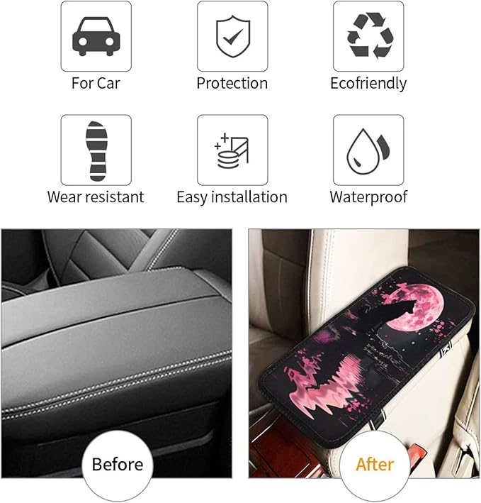 Universal Car Center Console Cushion Pad, Wolf in The Pink Moonlight Soft Waterproof Car Center Console Cover Auto Armrest Seat Box Cover Protector for Most Vehicle SUV Truck Car