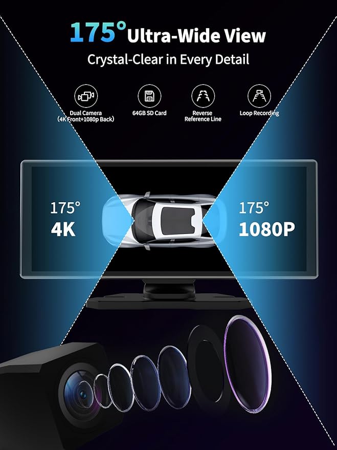 Largest Portable 11.26'' Wireless CarPlay/Android Auto Screen with 2.5D 1920x720 HD Display, Built-in DVR, 4K Front + 1080P Rear Camera, Car Screen,Easy Install Dash Cam,GPS Navigation,Voice Control