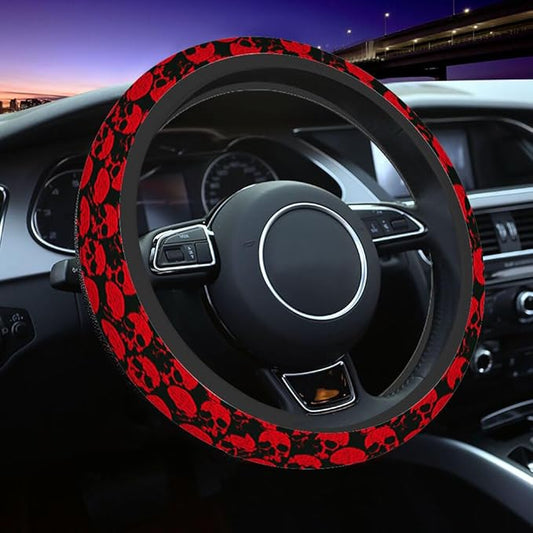 Human Skull Car Steering Wheel Cover Sinister Smiling Skull in Retro Style with Handwritten Text Steering Wheel Cover Car Decor Suitable for Most Vehicles Including Trucks and SUV