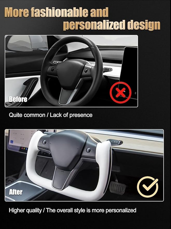 ZIMABLUE Yoke Steering Wheel Personalized Yoke Steering Wheel, Nappa Leather with Side Glossy Carbon Fiber without Front Trim for Tesla Model 3 2017-2023, Model Y 2019-2024 With Heating Function