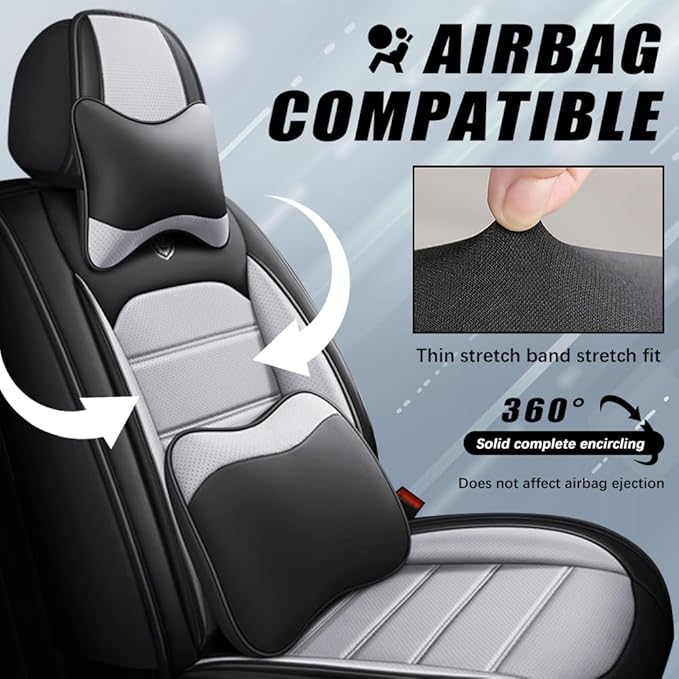 Leather Seat Covers,Waterproof Soft Seat Covers,Interior Accessories Seat Covers Cushion Vehicle Protector Airbag Compatible,Fits 95% of Vehicles(Black&Gray,Full Set with Pillow)