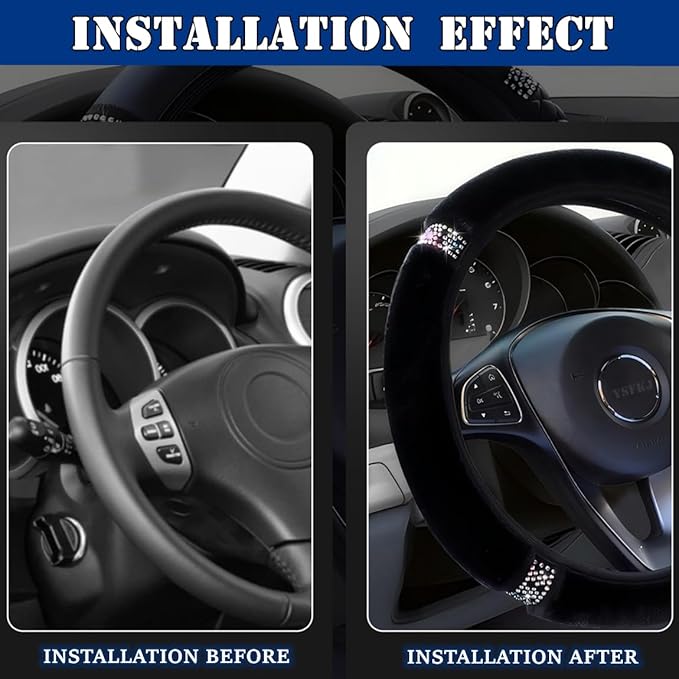 Fluffy Steering Wheel Cover, Universal 15 Inch Colorful Rhinestones Car Steering Wheel Cover, Sparkly Crystal Diamond Steering Wheel Protector for Women Girls,Black