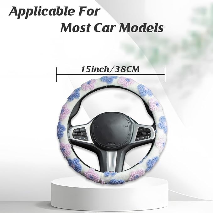 Plush Flowers Steering Wheel Cover Auto Plush Steering Wheel Protector, Anti-Slip, Breathable, Absorbing Sweat, Universal Car Accessories 14.5–15 inch,Fit for Most Car, Trucks, SUV