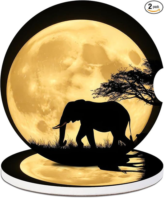 2 Pack Car Cup Holder Coaster-Elephant Full Moon Absorbent Ceramic Coaster, Car Coasters for Cup Holders,Auto Accessories for Women & Men