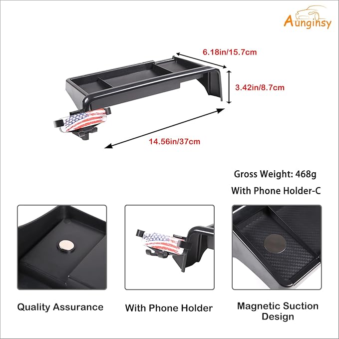 Aunginsy Center Console Dash Storage Tray with Phone Holder Compatible with Kia Telluride 2020-2022 Dashboard Storage Box Organizer Mobile Phone Mount Bracket Dash Storage Tray Interior Accessories