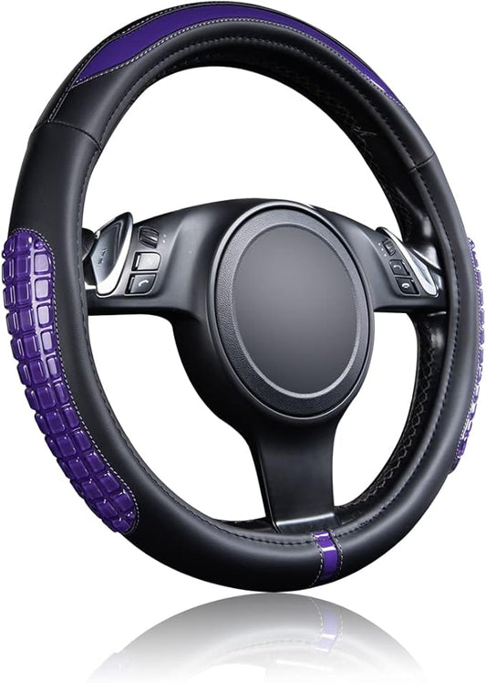 Flying Banner car Steering Wheel Cover Gel Massage Velvet Cool Warm Universal Size 15 inches SUV Truck Anti Slip Odorless Summer Winter (Black Purple, Gel Massage)