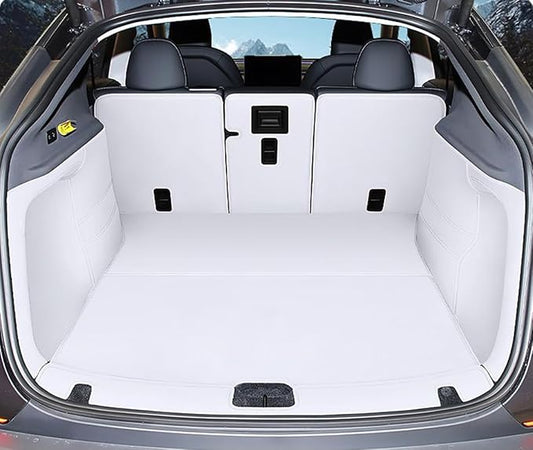 Tesla Model Y Trunk Mat 5-Seater Tesla Y 2026 Juniper Refresh Heavy Duty Trunk Liner Bright White Nappa Leather Full Coverage Trunk Mat+Backseat Protector+High Side Panels+Door Sill Protector(White)