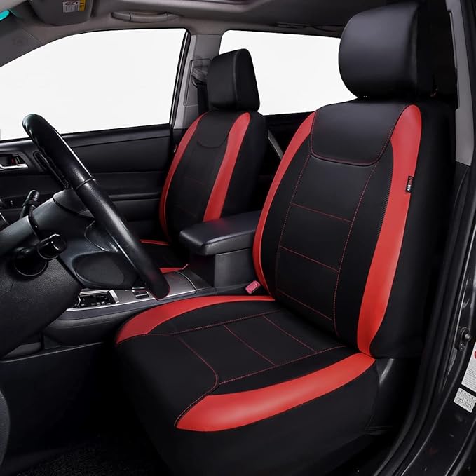 Flying Banner car seat Covers Protects Water Proof Faux Leather Carbon Fiber Front and Rear Bench (Red Black, Full Set - 9PCS)