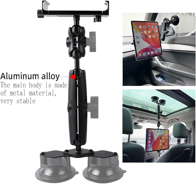 Aluminum Tablet Holder for All iPad, 360° adjustable Secure Double Suction Cup Mount for Car Truck Windshield,Sunroof, Compatible with iPad Pro 12.9 Mini Air, Galaxy Tabs and 4.7-15" Tablets