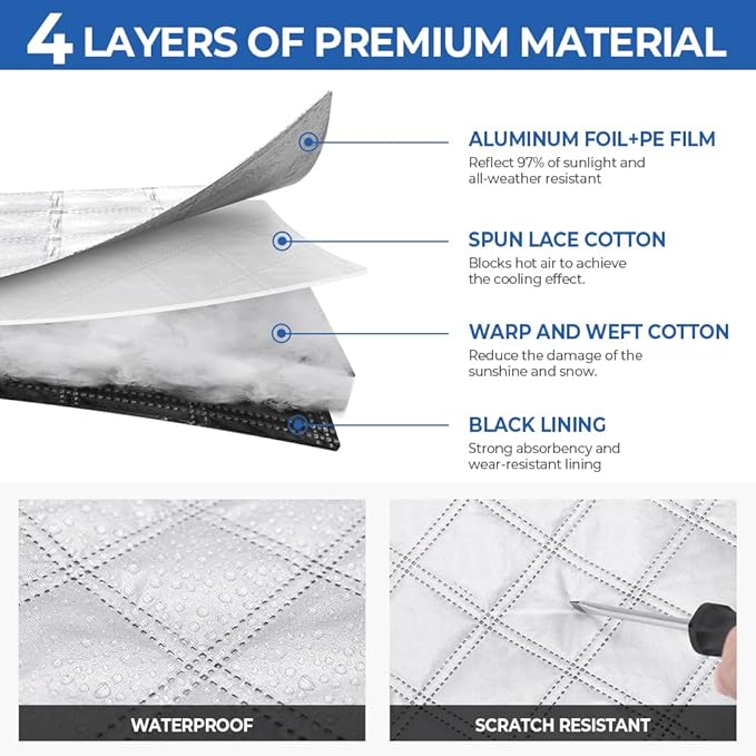 BougeRV RV Windshield Window Snow Cover for Class C Ford E450 1997-2025 Motorhome, Windshield Cover for Ice and Snow RV Front Window Sunshade Cover RV Accessories 4 Layers with Mirror Cutouts Silver