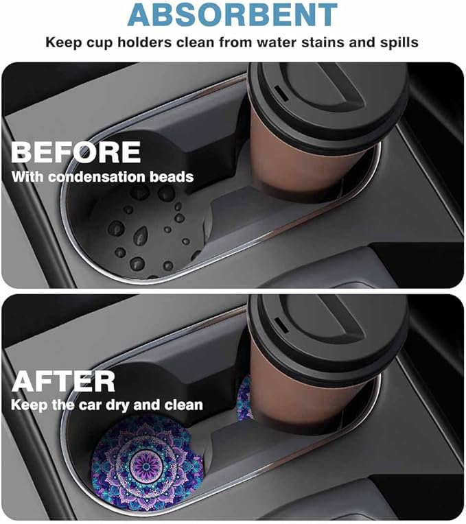 Purple Mandala 2 Pack Car Cup Holder Coaster Abstract Flower Pattern Anti Slip Insert Absorbent Ceramic Car Coaster with Cork Base and Finger Notch Cute Car Accessories Interior for Women Men
