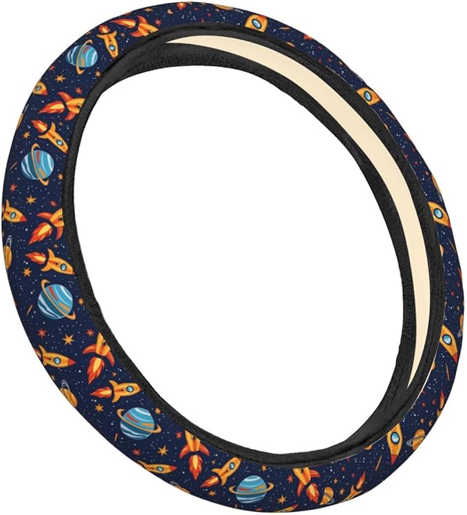 Rockets Planets Space Steering Wheel Covers Anti-Slip Elasticity Car Accessories Steering Wheel Protector Universal 15 Inch for Cars SUV Vehicle Truck