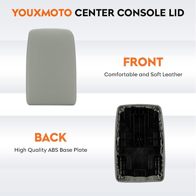 Youxmoto Center Console Lid Fit for Toyota Highlander 2008 2009 2010 2011 2012 2013 2014; Grey Armrest Cover PU Leather and ABS Back Plate