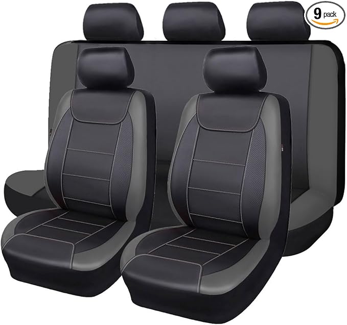 Flying Banner car seat Covers Protects Water Proof Faux Leather Carbon Fiber Front and Rear Bench (Black Gray, Full Set - 8PCS)