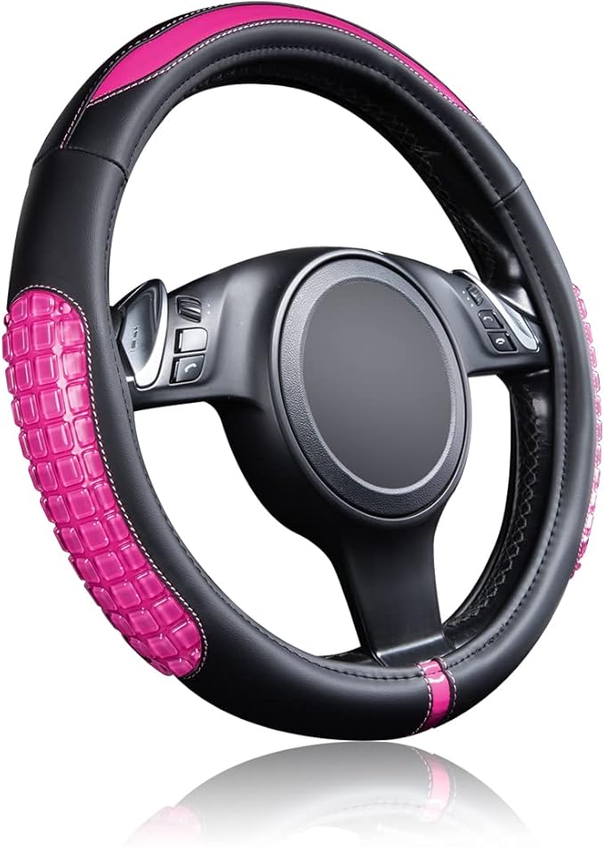 Flying Banner car Steering Wheel Cover Gel Massage Velvet Cool Warm Universal Size 15 inches SUV Truck Anti Slip Odorless Summer Winter (Black Pink, Gel Massage)
