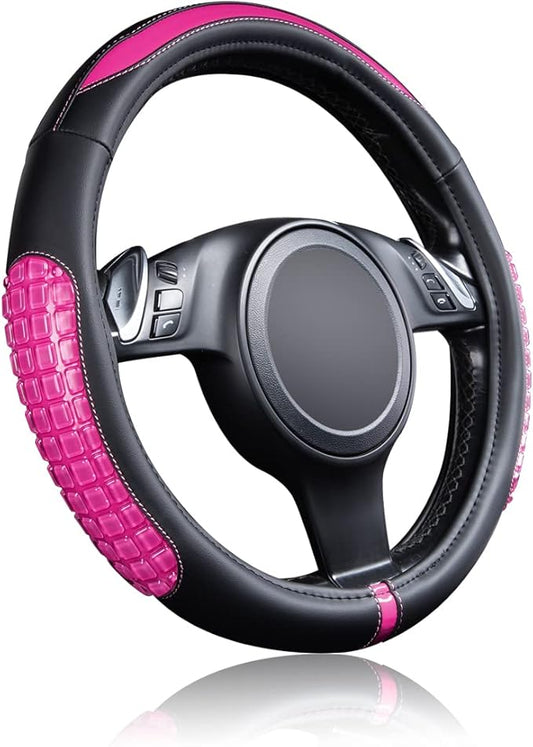 Flying Banner car Steering Wheel Cover Gel Massage Velvet Cool Warm Universal Size 15 inches SUV Truck Anti Slip Odorless Summer Winter (Black Pink, Gel Massage)