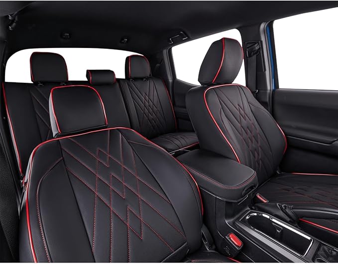 EKR Custom Fit Tacoma Car Seat Covers for Select Toyota Tacoma 2016 2017 2018 2019 2020 2021 2022 2023 Access Cab - Full Set,Leather(Black with Red Trim)