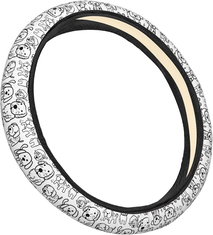 White and Black Hand Drawn Cartoon Dogs Steering Wheel Covers Anti-Slip Elasticity Car Accessories Steering Wheel Protector Universal 15 Inch for Cars SUV Vehicle Truck