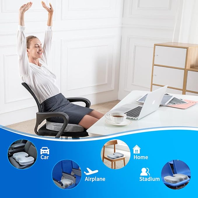 SAIREIDER Seat Cushions for Office Chairs, Memory Foam Coccyx Cushion Pads for Tailbone Pain, Sciatica Relief Pillow, Car Seat Cushion, Correct Sitting Posture (Grey)