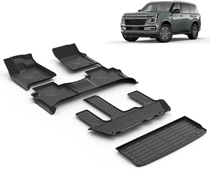 All Weather Car Floor Mats & Cargo Liner Set Fit for Nissan Armada/Infiniti QX80 2025 7 Seats Floor Liners Trunk Liner Armada Cargo Mat Accessories Black