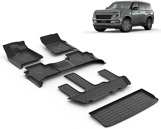 All Weather Car Floor Mats & Cargo Liner Set Fit for Nissan Armada/Infiniti QX80 2025 7 Seats Floor Liners Trunk Liner Armada Cargo Mat Accessories Black