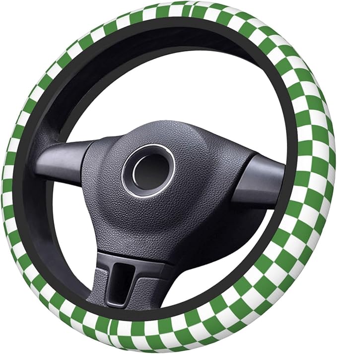 Green and White Checkered Steering Wheel Cover for Women, Universal Auto Steering Wheel 14-15 Inch Car Interior Accessories with 2PCS Car Coasters, Suitable for Men and Women